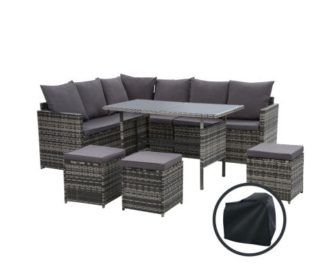 Outdoor Furniture Dining Setting Sofa Set Wicker 9 Seater Storage Cover Mixed Grey
