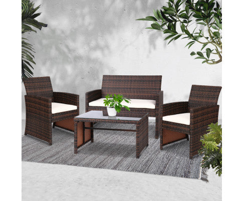 Brown Gardeon Set of 4 Outdoor Rattan Chairs & Table