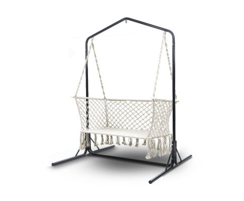  Double Swing Hammock Chair with Stand Macrame Outdoor Bench Seat Chairs