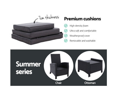 Sun lounge Recliner Chair Wicker Lounger Sofa Day Bed Outdoor Furniture Patio Garden Cushion Ottoman Black