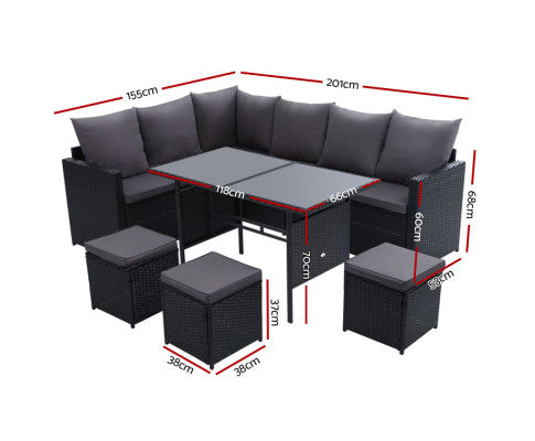 Dimensions of the 9 Seater Black Sofa Set