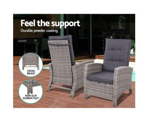 Gardeon Outdoor Setting Recliner Chair Table Set Wicker lounge Patio Furniture Grey Front and Back