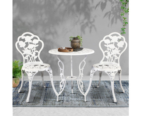 Gardeon Outdoor Furniture Chairs Table 3pc Aluminium Bistro White Weatherproof Cast Aluminum