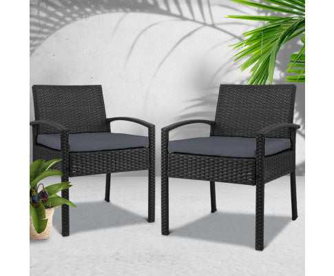 2x Outdoor Dining Chairs Wicker Chair Patio Garden Furniture Lounge Setting Bistro Set Cafe Cushion Black