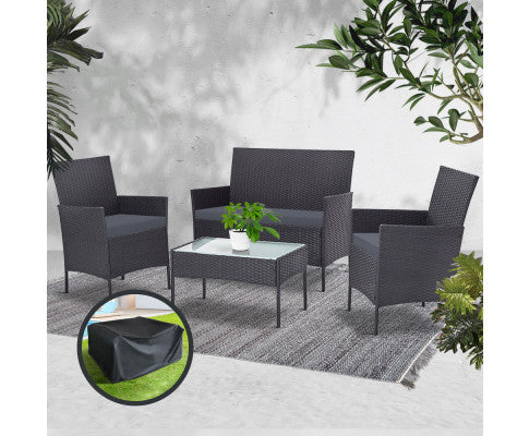 Outdoor Furniture Lounge Setting Wicker Patio Dining Set w/Storage Cover Grey
