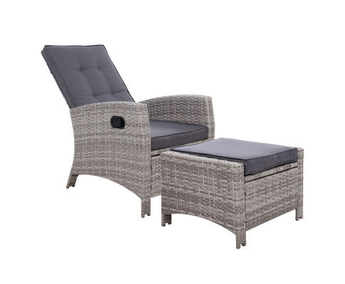 Sun Lounge Recliner Chair Wicker Lounger Sofa Bed Outdoor Furniture Patio Garden Cushion Ottoman Grey Gardeon