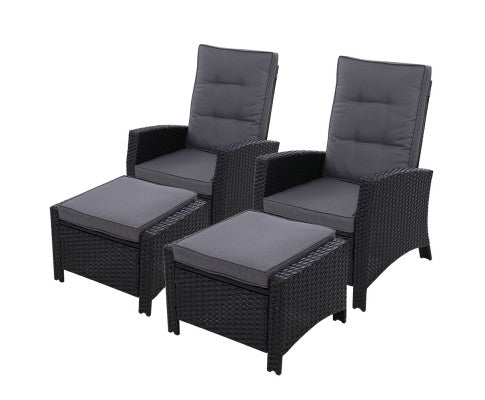 Set of 2 Sun lounge Recliner Chair Wicker Lounger Sofa Day Bed Outdoor Chairs Patio Furniture Garden Cushion Ottoman