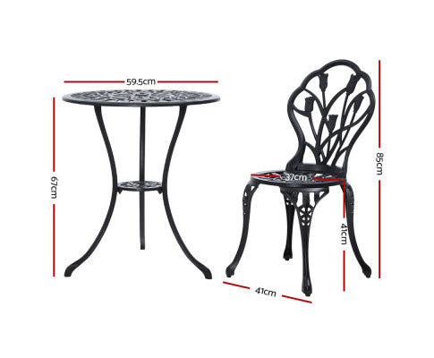 Gardeon 3PC Outdoor Setting Cast Aluminium Bistro Table Chair Patio Black Measurements