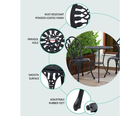 Key Features of the Gardeon 3PC Outdoor Setting Cast Aluminium Bistro Table Chair Patio Black