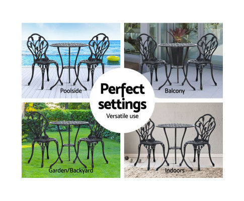 Gardeon 3PC Outdoor Setting Cast Aluminium Bistro Table Chair Patio Black For Different House Setting
